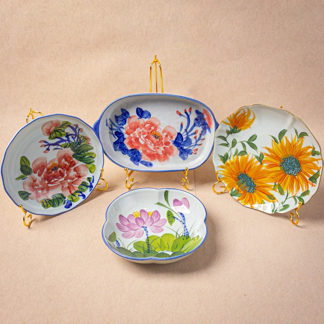 【清仓7.5寸/8寸/9寸盘系列】四叶盘高温釉下彩手绘家用菜盘餐具