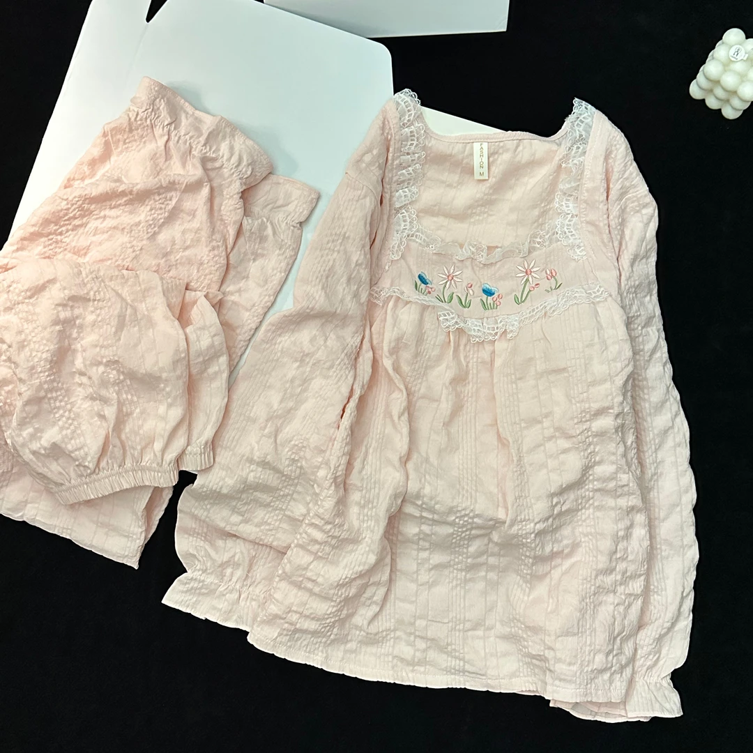 软乎乎纯色春秋季少女学生家居服带胸垫睡衣花边长袖长裤套装绣花