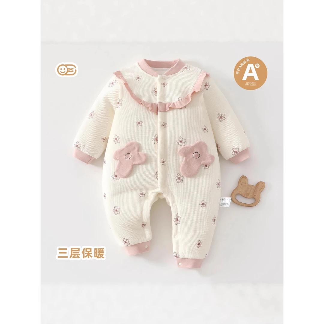 童泰【断码】秋冬季新生婴儿衣服女宝宝可爱花边连体衣满月百天哈衣