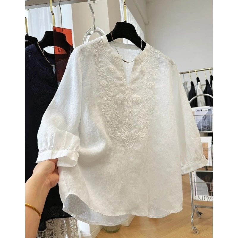 00442麻料重工刺绣七分袖衬衫女夏季薄款法式气质小衫超好看上衣
