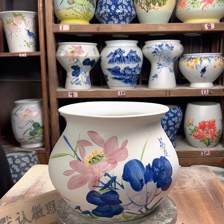 陶钱袋子青花荷花陶瓷