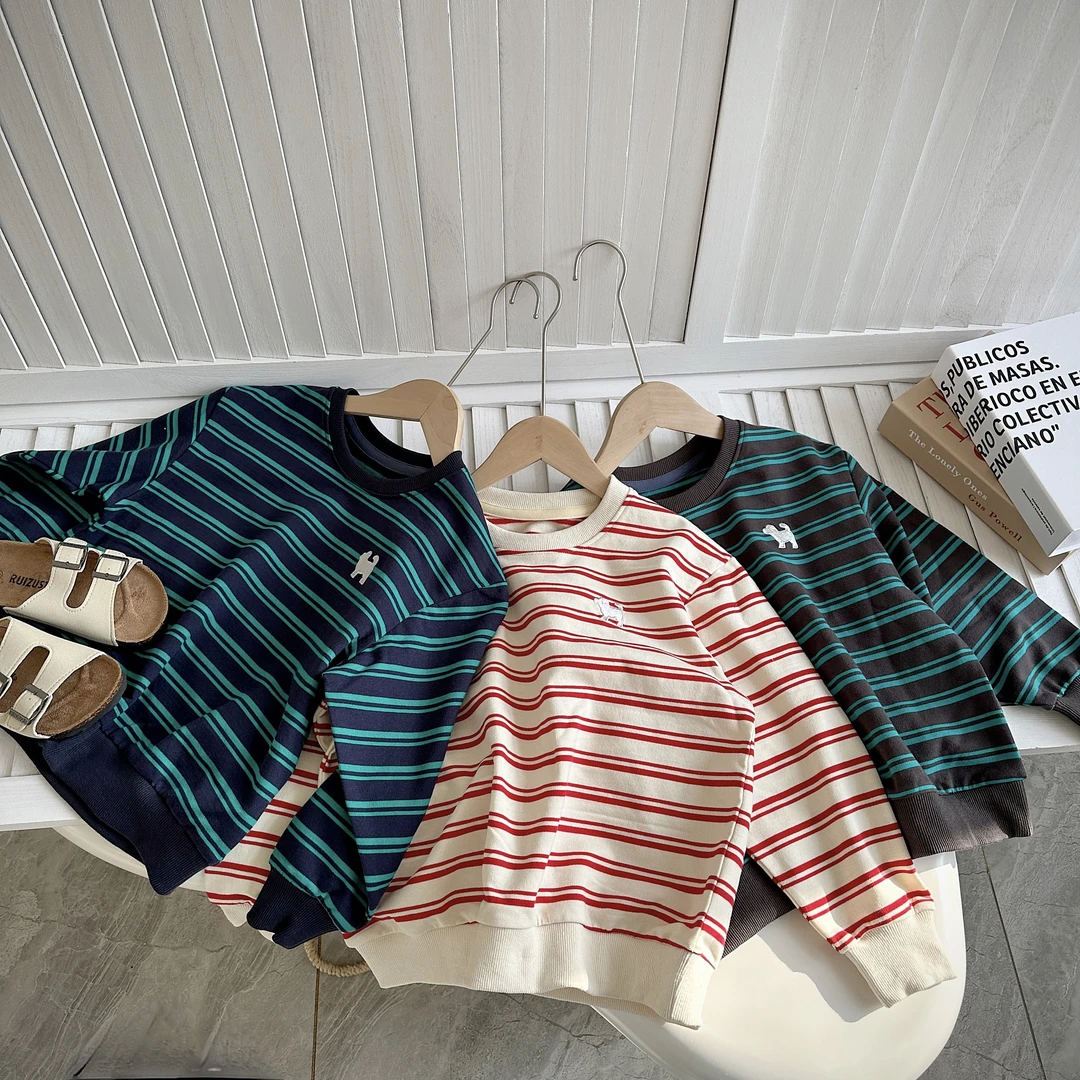 春秋季儿童韩版圆领条纹卫衣男童女童洋气长袖条纹套头衫52QT113