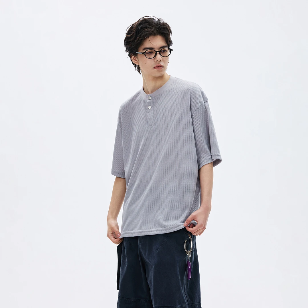 夏季华夫格纽扣短袖男女美式高街潮流设计感领T恤宽松百搭圆领