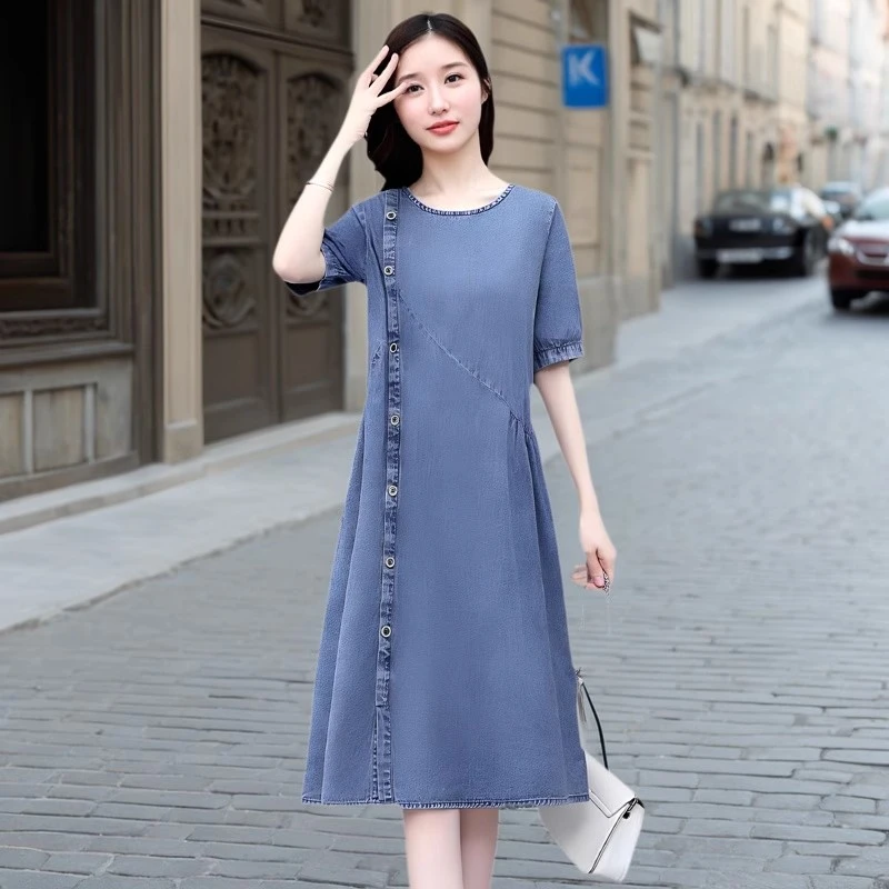 复古风大码牛仔裙洋气夏季女装连衣裙大码气质减龄圆领设计感短裙