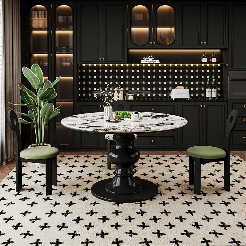 法式复古宝格丽大理石圆形餐桌2025新款小户型家用奶油风实木圆桌