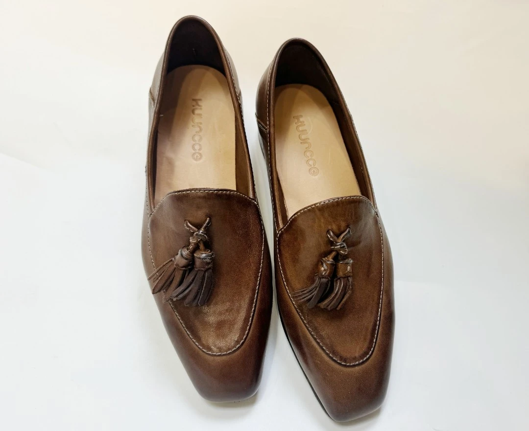 水洗马皮春季流苏一脚蹬通勤百搭复古粗跟小方头女鞋