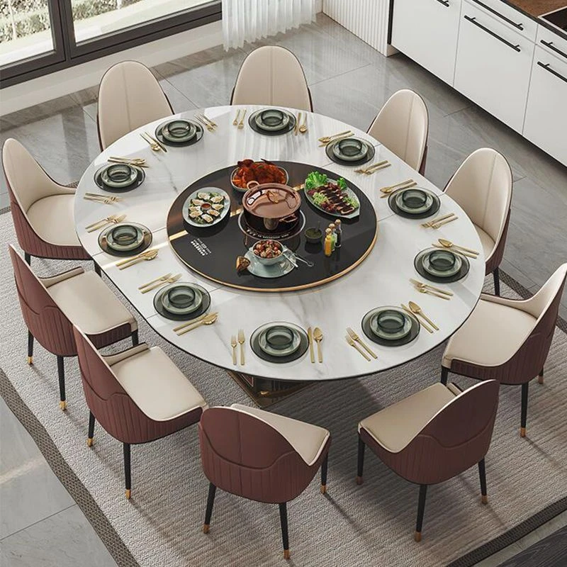 2025新款亮光岩板伸缩电磁炉餐桌可变形圆桌带转盘火锅多功能饭桌