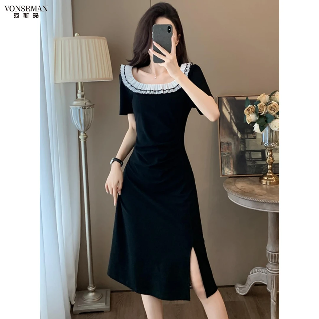 2025新款时尚夏装法式高端黑色短袖连衣裙优雅细腰开叉裙女装夏季