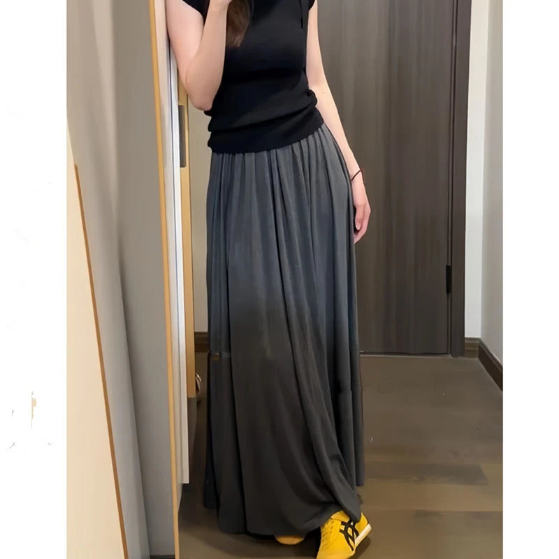 灰色莫代尔半身裙女夏季新款褶皱长款垂感高腰a字纯色大摆长裙子