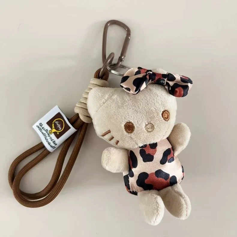 小众设计款豹纹kitty毛绒公仔黑皮挂件包包kt玩偶钥匙扣挂饰X1