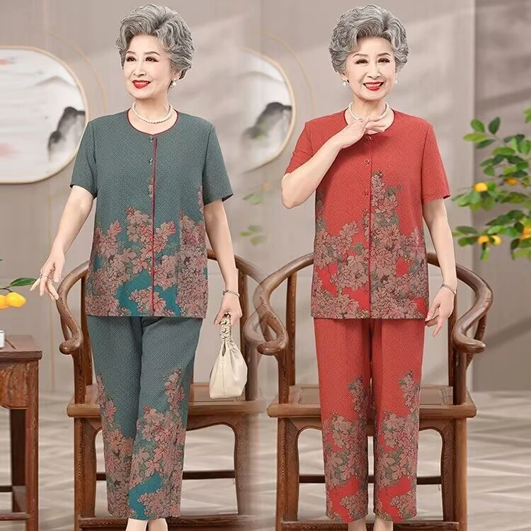 老年人奶奶夏季新款国风套装60岁70新中式时尚短袖薄款妈妈装套装