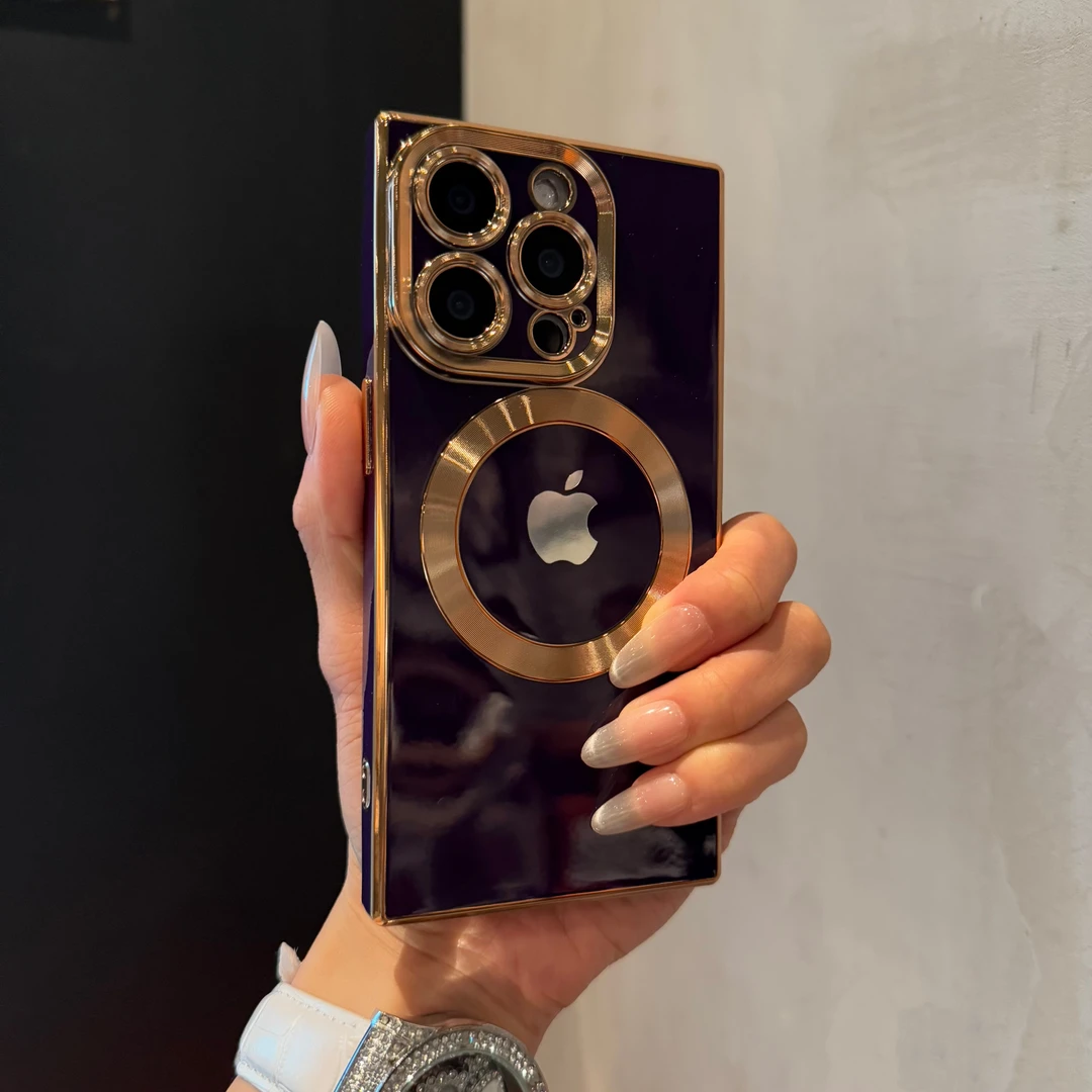 纯色方形电镀适用iPhone15手机壳CD纹苹果13/11/14磁吸防摔保护套