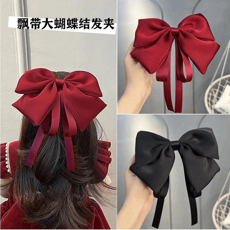 公主头大蝴蝶结发夹酒红色女孩百搭后脑勺飘带头发饰女童发卡头饰