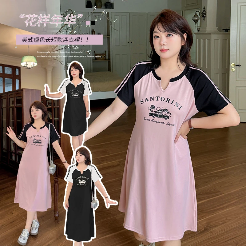 大码女装甜酷风连衣裙2025夏新款长短款收腰显瘦裙子