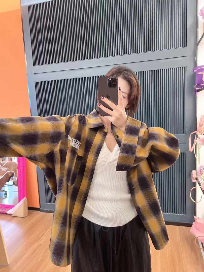 xxxwxz王希之 复古小众设计美式休闲复古宽松格子衬衣外套#z2439
