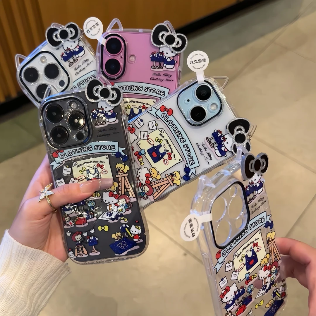 夕与空黑蝴蝶结满屏kt苹果16/15promax猫耳朵手机壳14/13/12/11