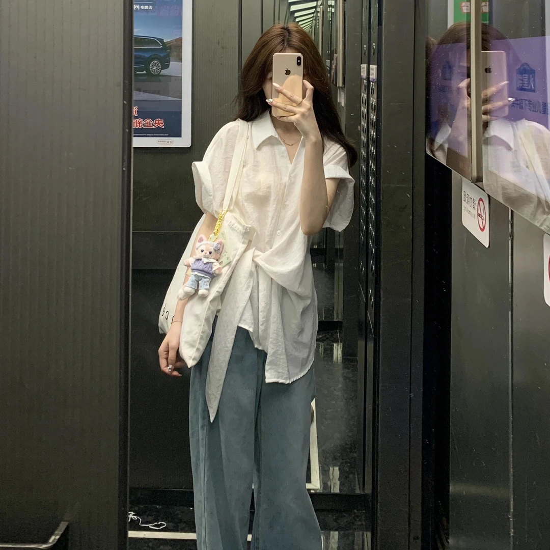 2025新款韩系高级感白色短袖衬衫女夏季气质衬衣慵懒宽松绑带上衣