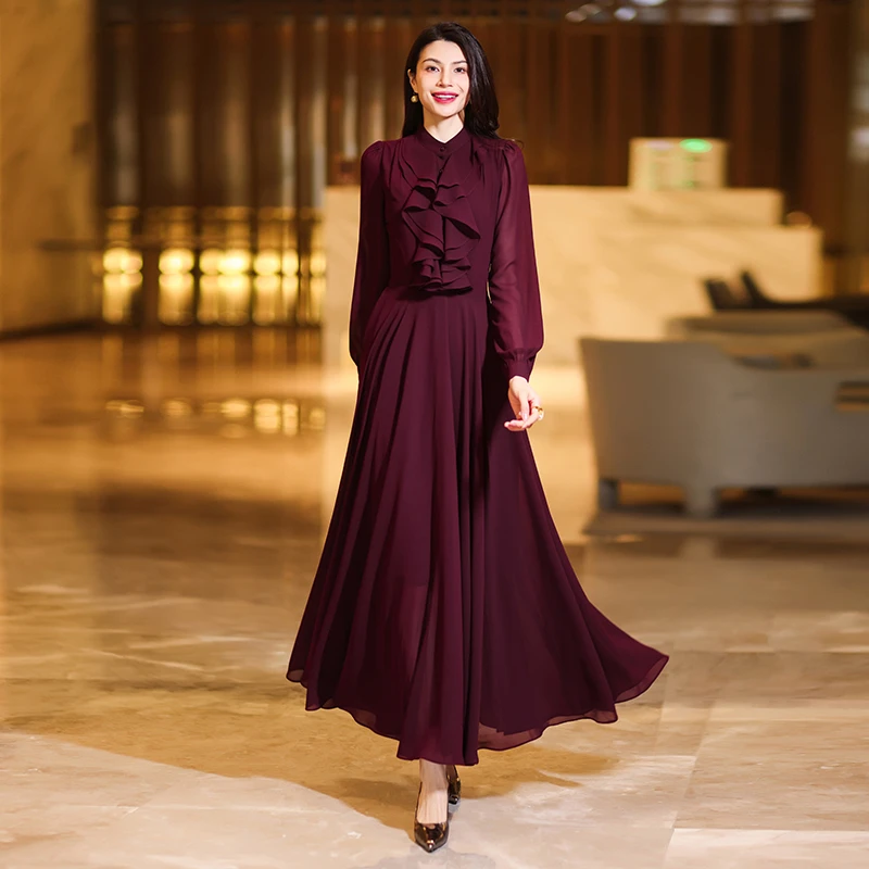 端庄大气连衣裙女2025秋季新款高级感气质显瘦连身裙长款雪纺裙子