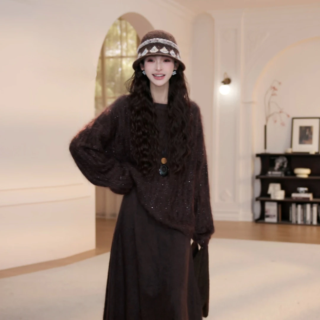 【YY·studio】秋冬圆领毛衣女细闪宽松显瘦长袖慵懒风针织衫YY-8982