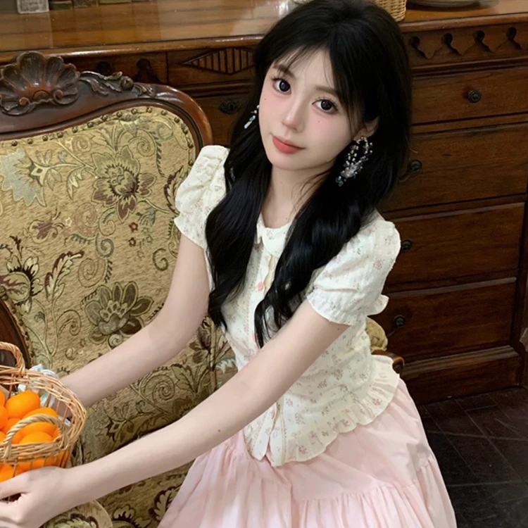 花甜伞下【现货】夏季甜美甜欲风碎花泡泡袖上衣粉色长裙栗子团原创