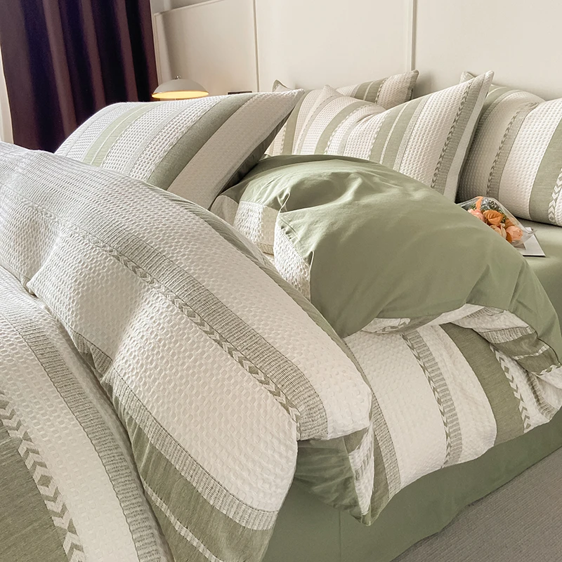 高级感纯棉提花床上四件套全棉轻奢被套床单床笠双层纱四季款床品