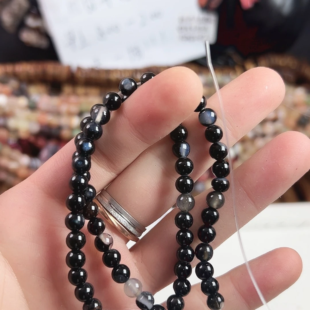 玛瑙/玉髓合金珠宝半成品L52，黑玛瑙圆珠一条6mm