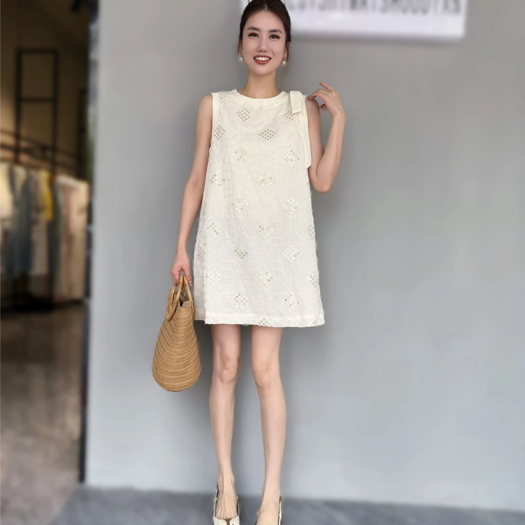 【俊英】蝴蝶结连衣裙女2025夏法式亮片刺绣气质高级感无袖直筒裙子