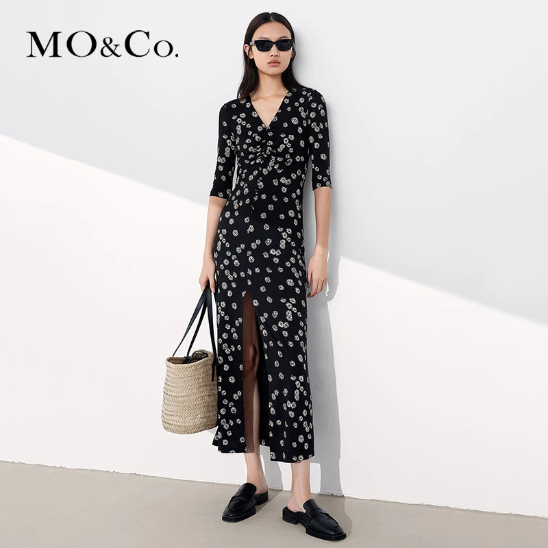 MOCO夏季V领开衩印花长裙连衣裙MBB2DRST05