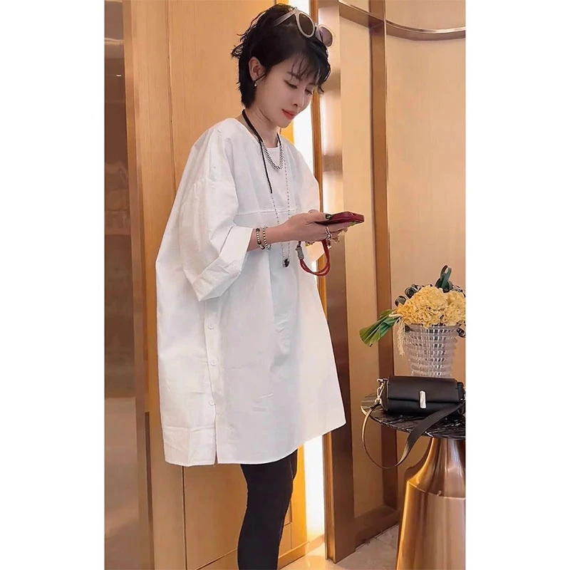 欧货2025夏季新款时尚百搭气质大方宽松遮肉中长款纯色短袖衬衫女