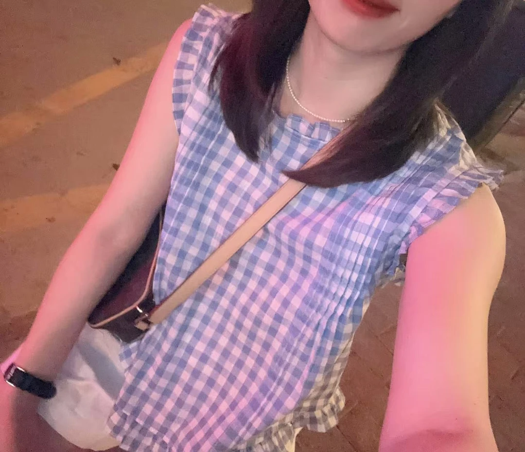 透气无袖常规木耳夏季格子衬衫泡泡袖甜辣风工装风