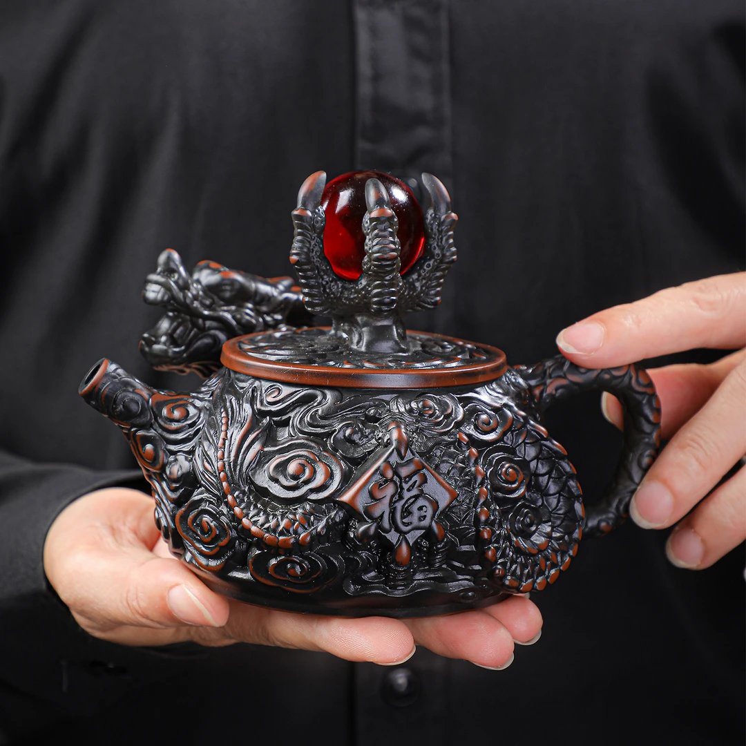 云南紫陶茶壶复古纯手工精雕大容量龙壶高档家用功夫茶具礼盒套装