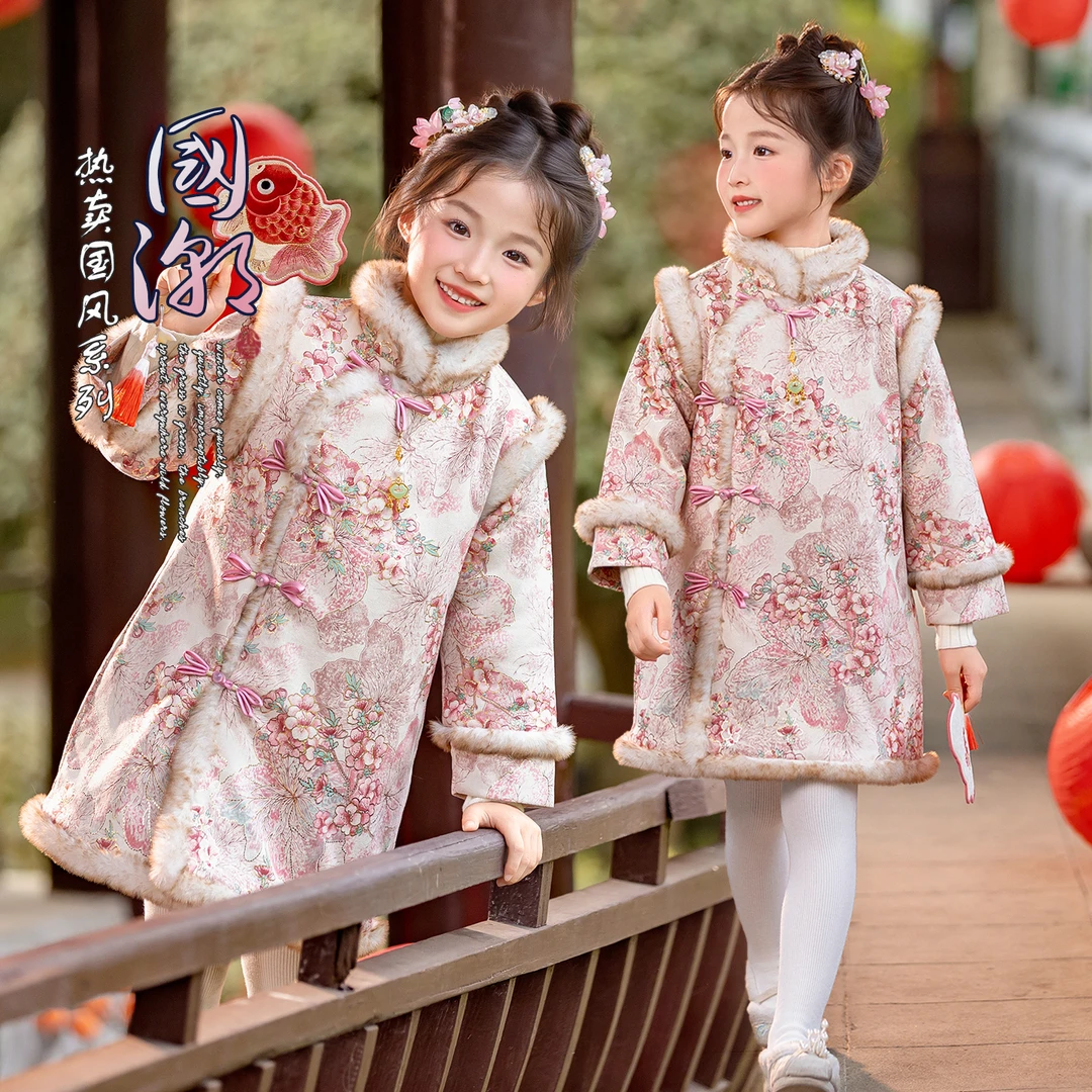 女童拜年服旗袍裙冬季夹棉加厚保暖国风新中式儿童汉服连衣裙唐装