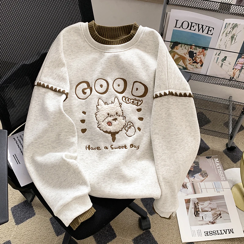 小狗刺绣假两件圆领卫衣女2025春季新款潮牌设计感加绒上衣