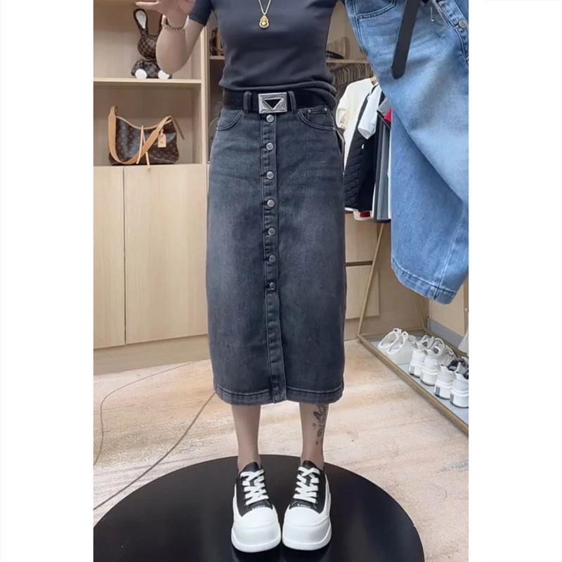 开叉中长款半身裙女夏季新款显瘦复古A字裙大码高腰牛仔裙小个子