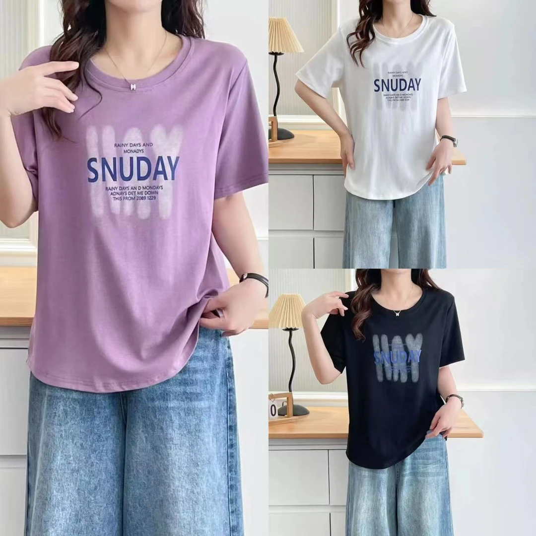 大码夏季新款洋气显瘦宽松时尚字母印花圆领短袖T恤#晨70050