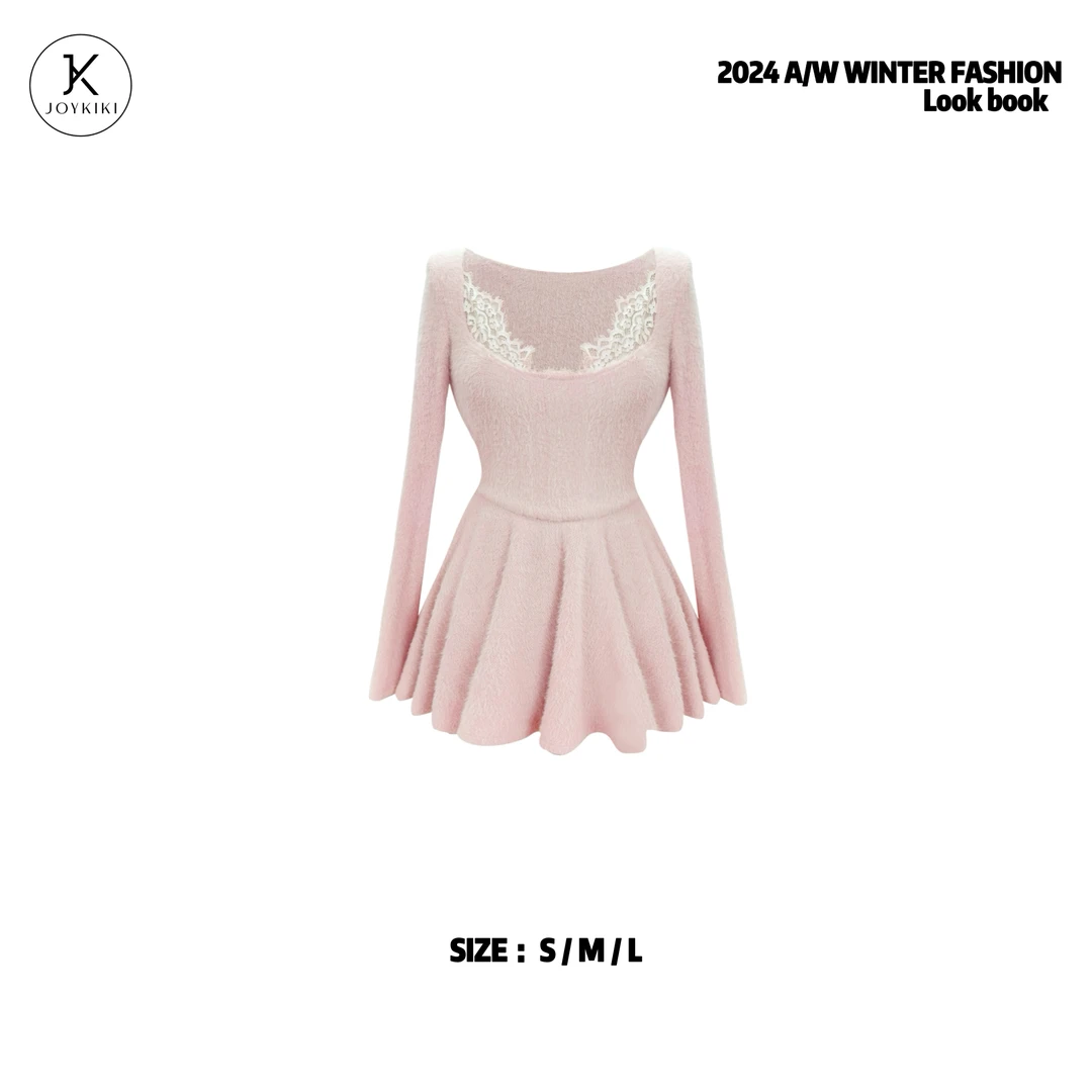 JOYKIKI金金【安妮小姐】冬季纯欲法式气质蕾丝拼接连衣裙J24D520