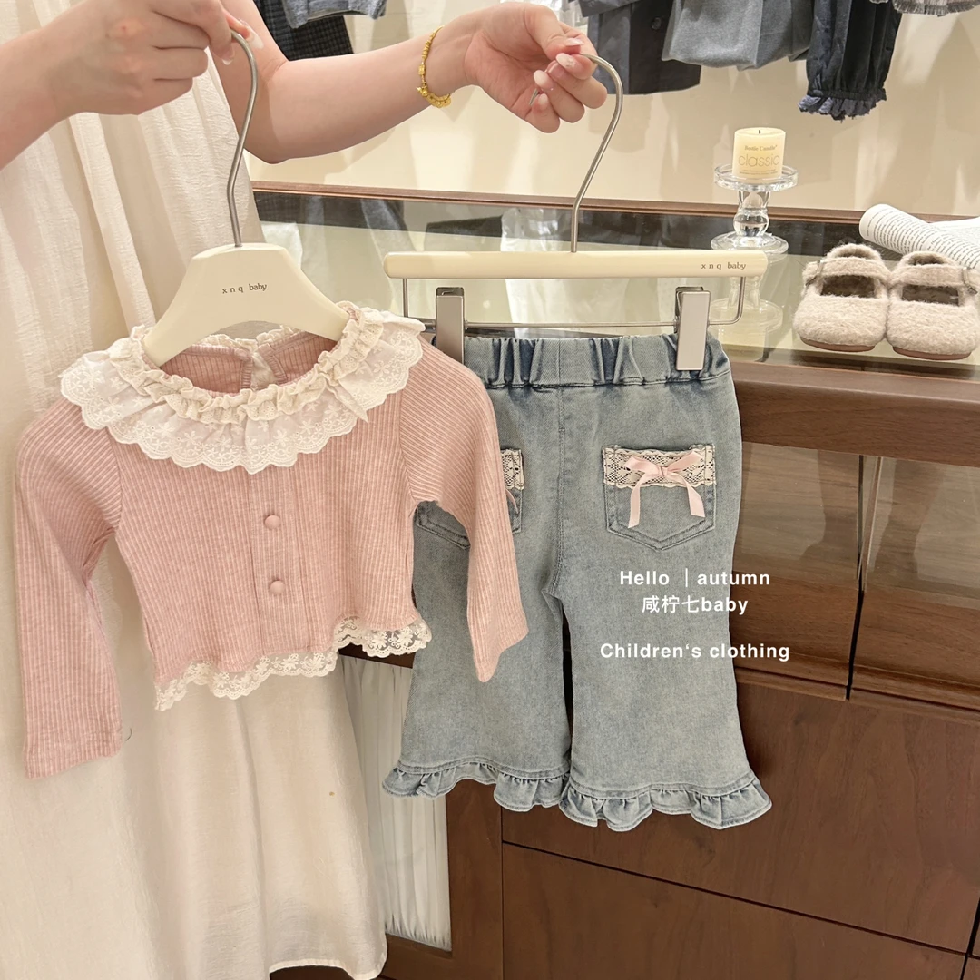 【咸柠七】女童秋季套装儿童洋气蕾丝花边长袖上衣牛仔裤两件套