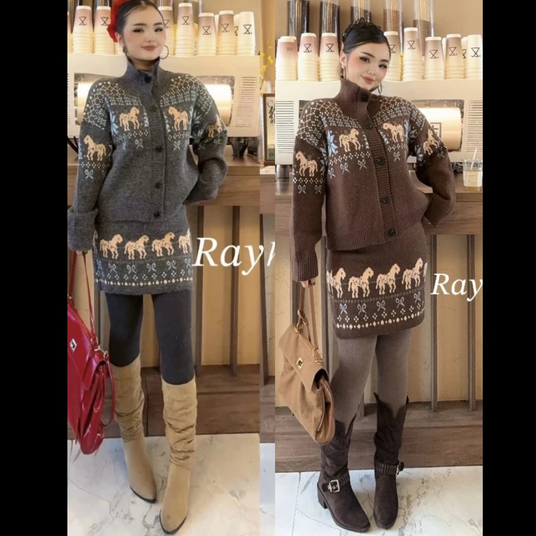 LA 一套复古提花立领长袖针织开衫搭配半身短裙秋冬新款女装