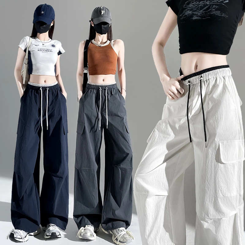 夏款薄款高腰工装裤女2025显瘦抽绳束脚裤休闲美式哈伦阔腿运动裤