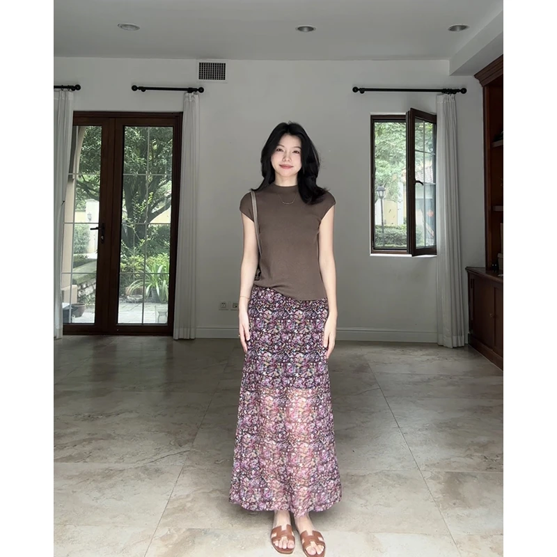 郭九九呢 桑蚕丝羊毛天丝简约短袖明媚显瘦碎花半身裙 G925G10113