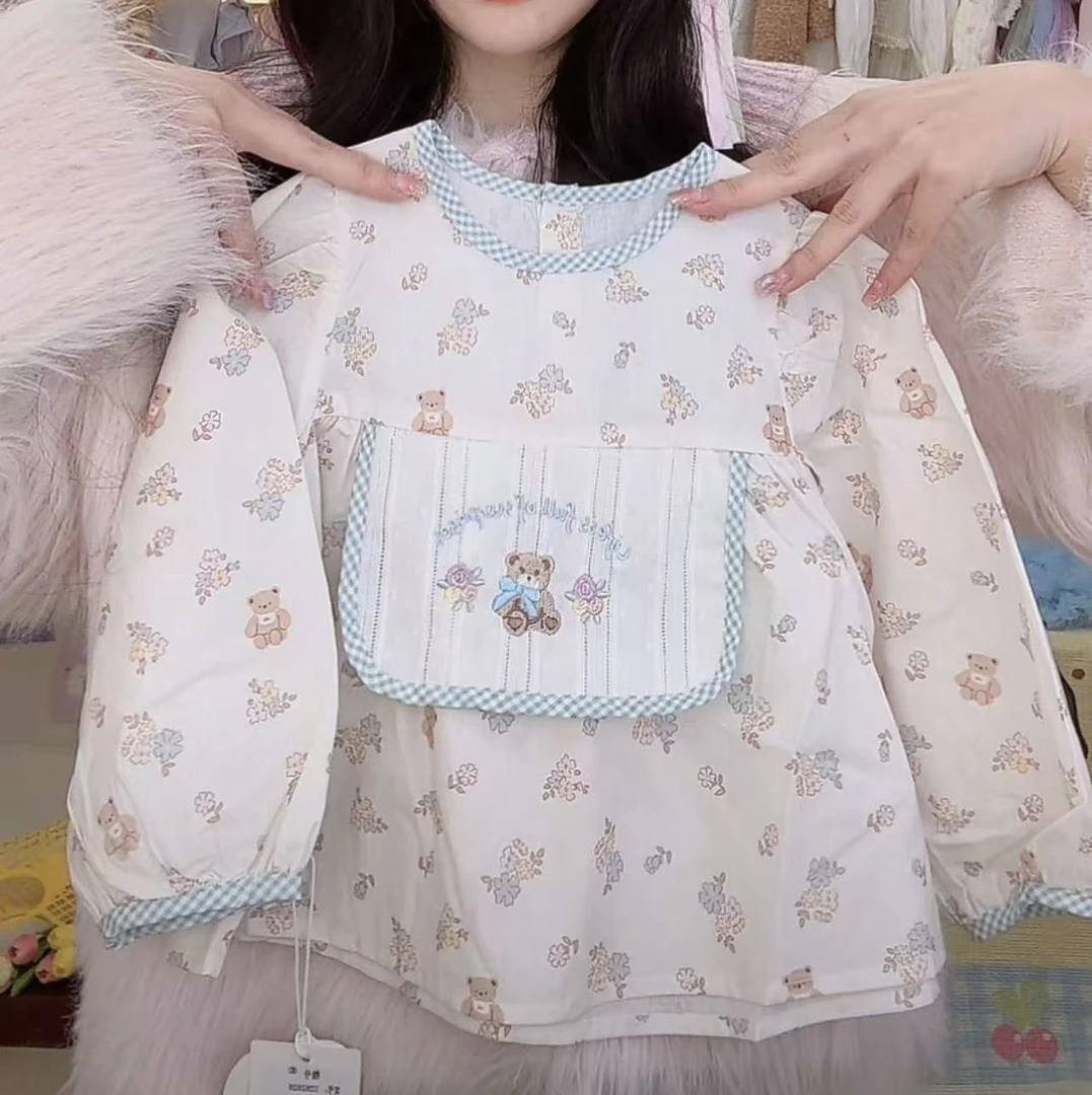 【谷谷家】碎花小熊衬衫长袖t