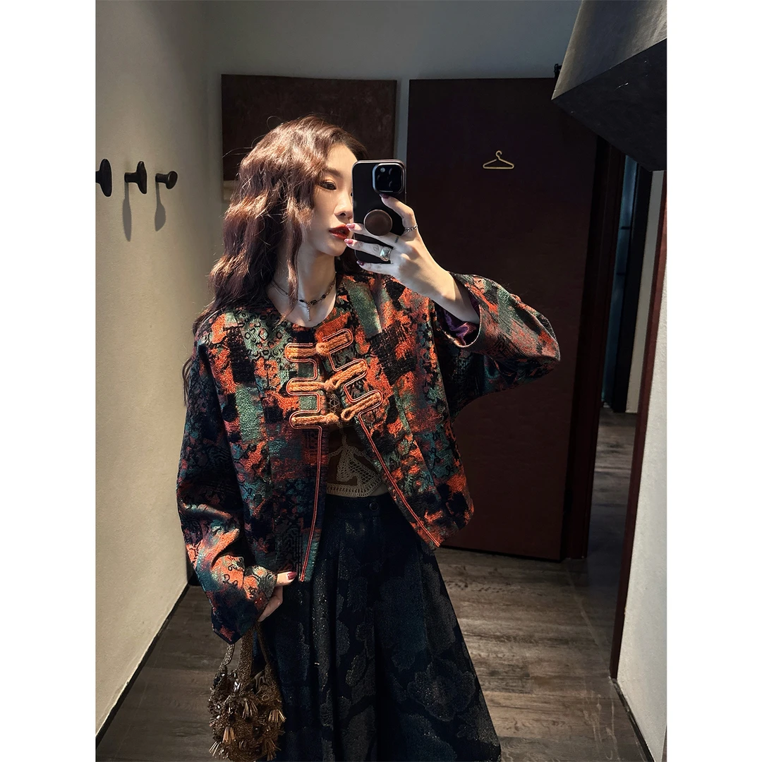 三吉黑花【花清月】国风雪尼尔提花早秋季外套女新中式独特超好看