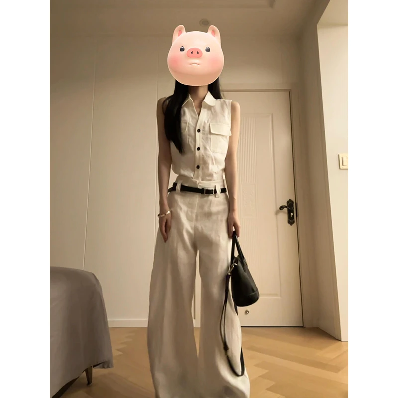 2025超火夏季ootd穿搭一整套无袖V领马甲宽松显瘦阔腿长裤两件套