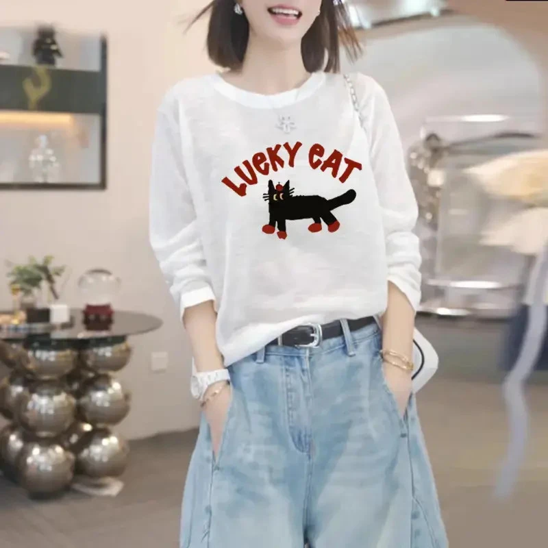 啄木鸟字母印花雪花棉长袖T恤女棉麻秋装韩系减龄宽松显瘦打底衫