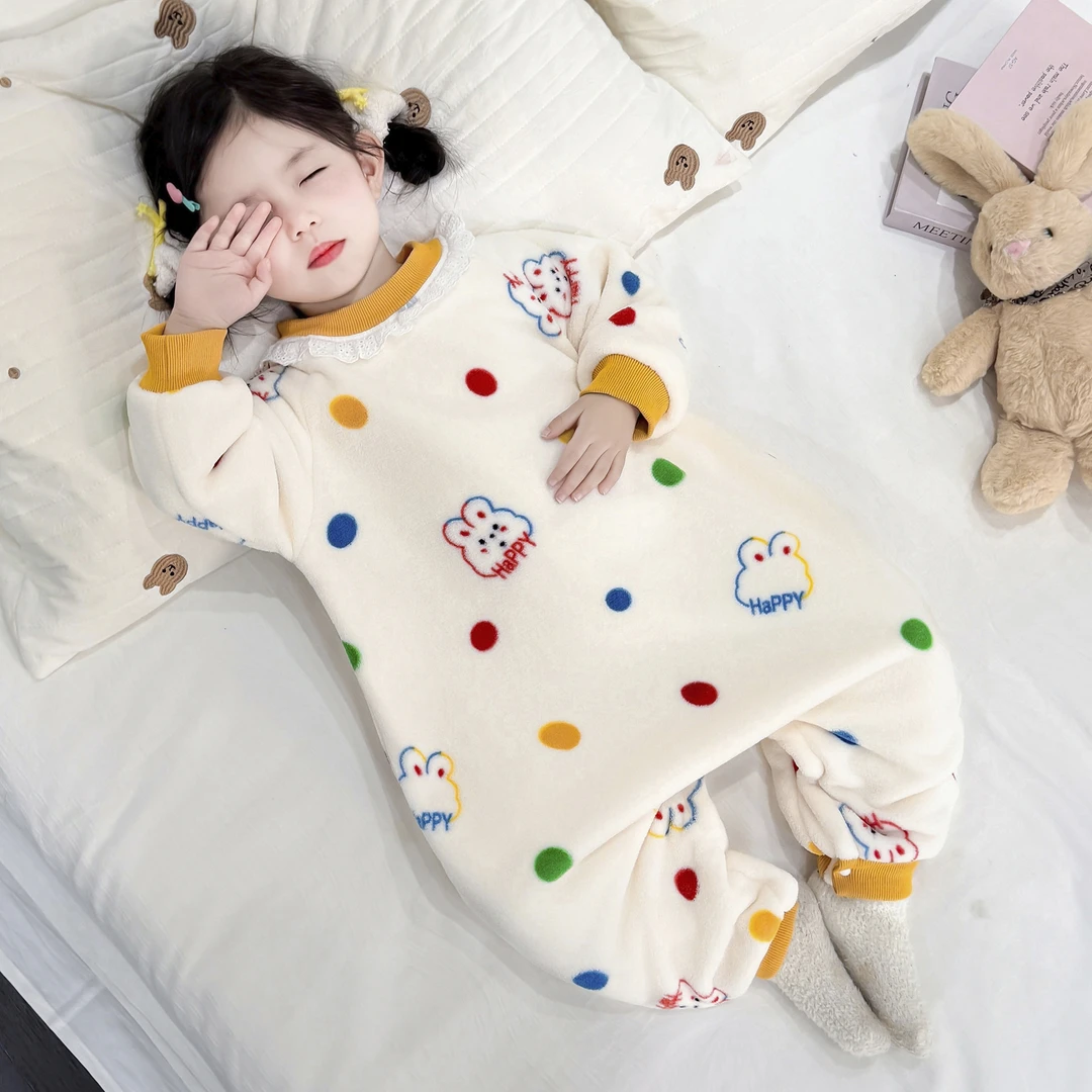 女童双层加厚秋冬季连体衣儿童珊瑚绒睡衣中小童保暖睡袋家居服
