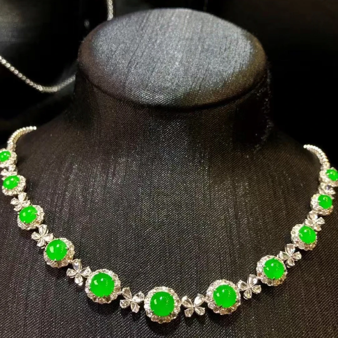 缅甸翡翠A货满绿蛋面百搭链豪华满钻镶嵌精美气质