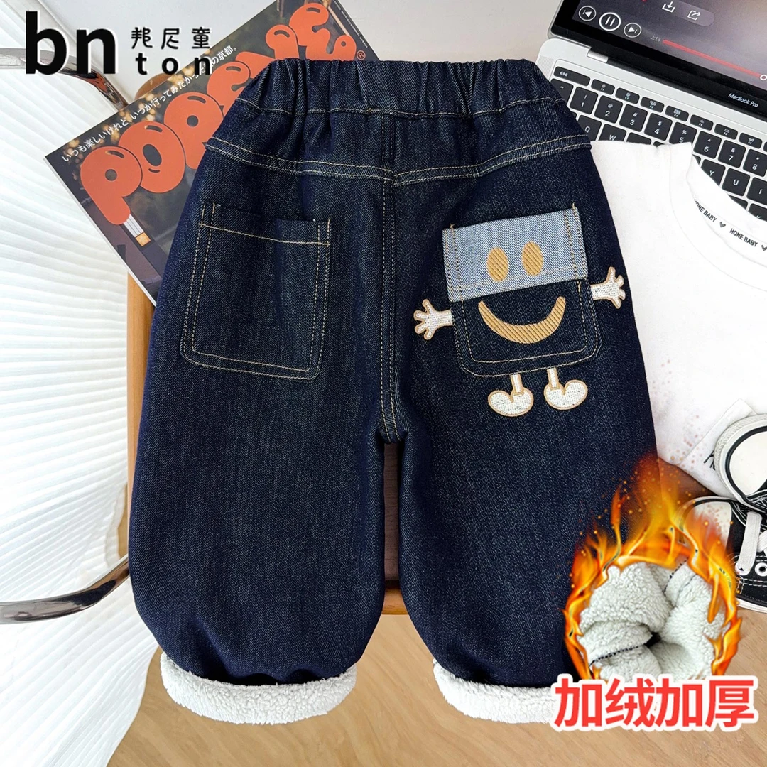 儿童牛仔裤男童加绒裤子秋冬2025新款羊羔绒男宝冬季加厚保暖裤潮