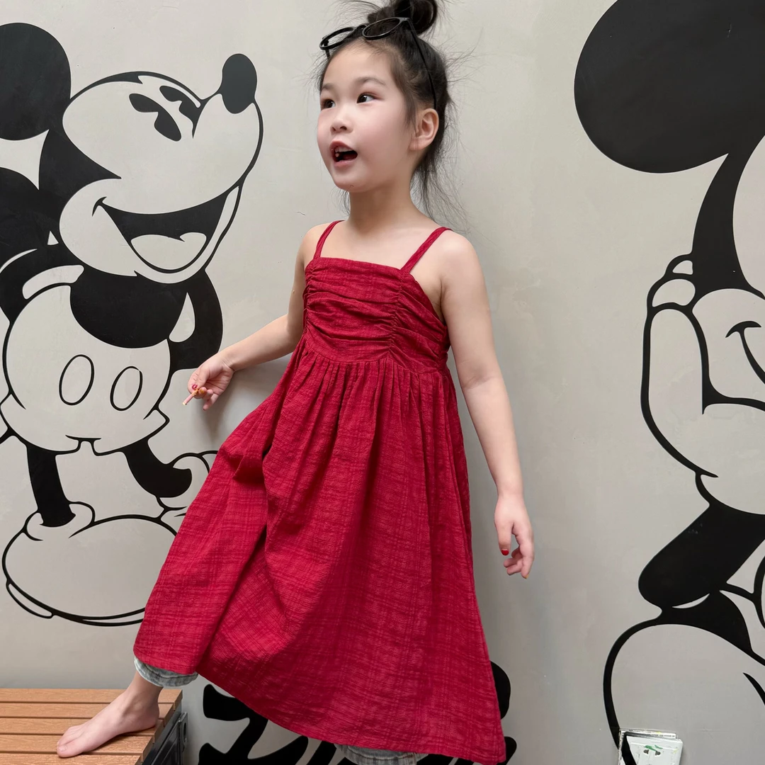 大金定制欧若风春夏新款韩系风度红色假吊带洋气衣裙小格子沙滩裙