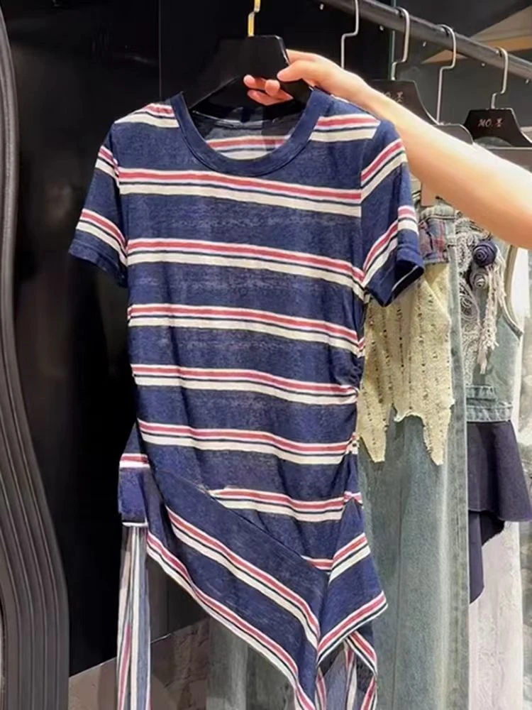 独特漂亮小衫超好看独特减龄洋气不规则条纹绑带短袖t恤女新款夏
