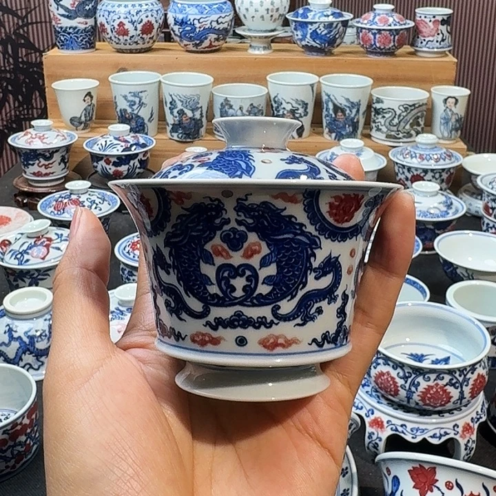 瑕疵小赤龙盖碗手绘